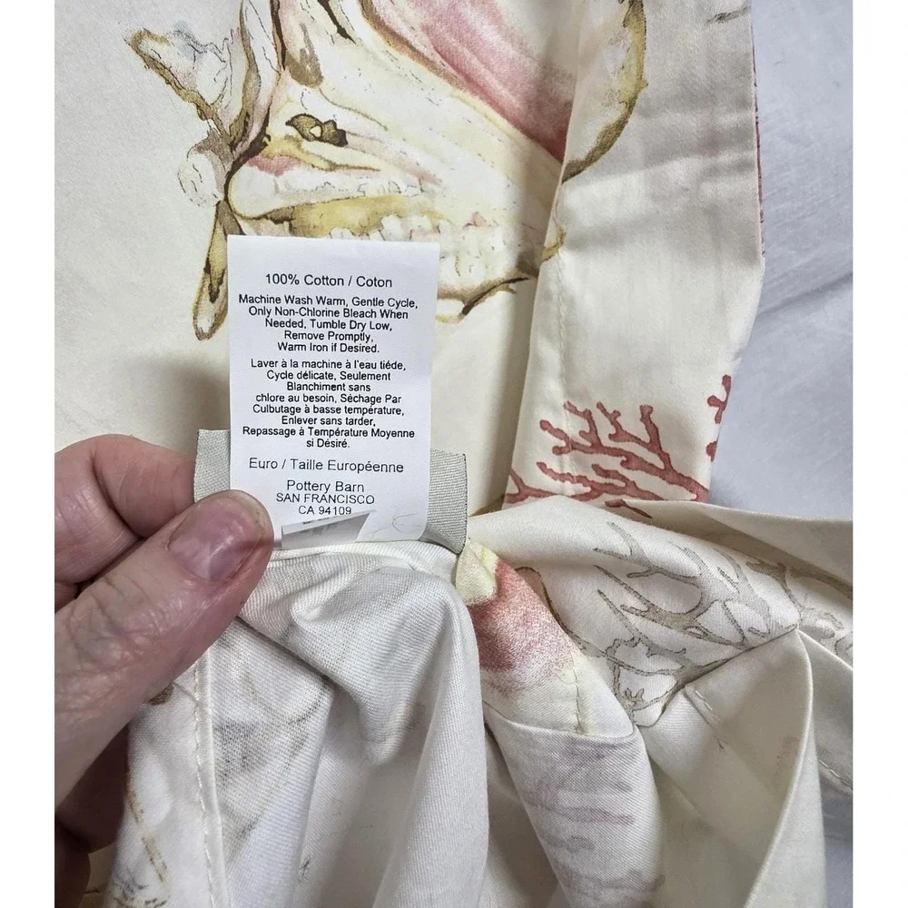 Pottery Barn Seashell Coral Euro Sham 29x29 Cotton Coastal Beach Nautical